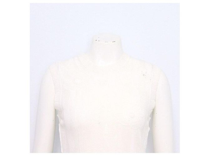 Chanel Canotta in cotone con pizzo e logo CC da donna - Season White Bianco - vista 2