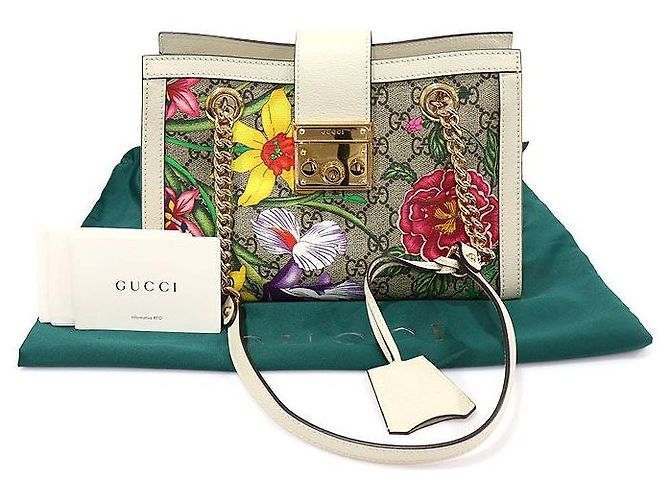 Gucci Borsa a Spalla GG Supreme Canvas White FLORA Flower Padlock Small Chain Marrone - vista 2