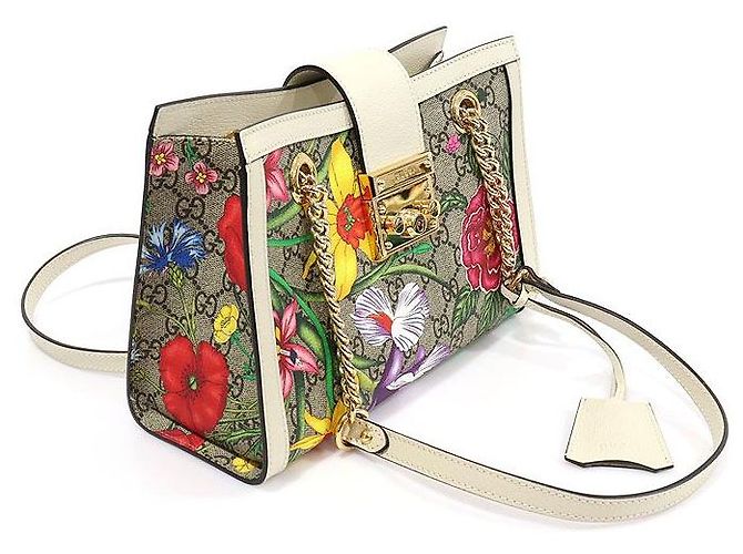 Gucci Borsa a Spalla GG Supreme Canvas White FLORA Flower Padlock Small Chain Marrone - vista 3