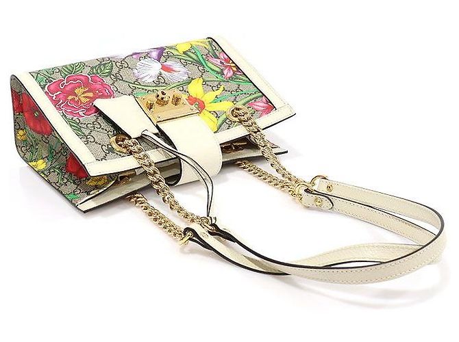 Gucci Borsa a Spalla GG Supreme Canvas White FLORA Flower Padlock Small Chain Marrone - vista 4