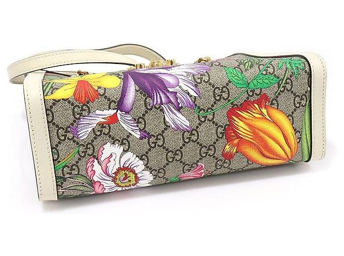 Gucci Borsa a Spalla GG Supreme Canvas White FLORA Flower Padlock Small Chain Marrone - vista 5