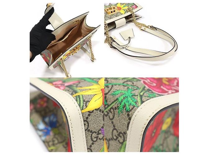 Gucci Borsa a Spalla GG Supreme Canvas White FLORA Flower Padlock Small Chain Marrone - vista 6