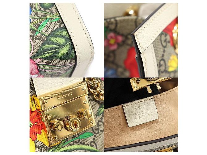 Gucci Borsa a Spalla GG Supreme Canvas White FLORA Flower Padlock Small Chain Marrone - vista 7