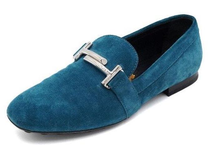 Tod's Mocassini in scamosciato blu con doppio logo argento - vista 2