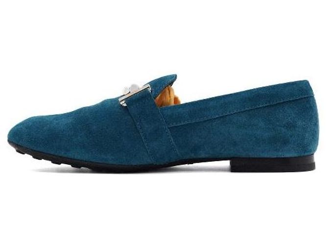 Tod's Mocassini in scamosciato blu con doppio logo argento - vista 4