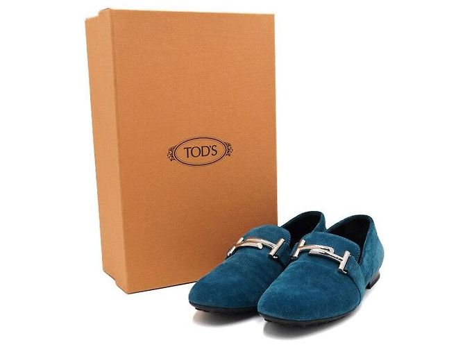 Tod's Mocassini in scamosciato blu con doppio logo argento - vista 7