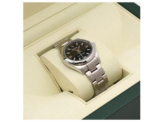 Rolex Relógio Oyster Perpetual de aço para mulher com mostrador preto - vista 6