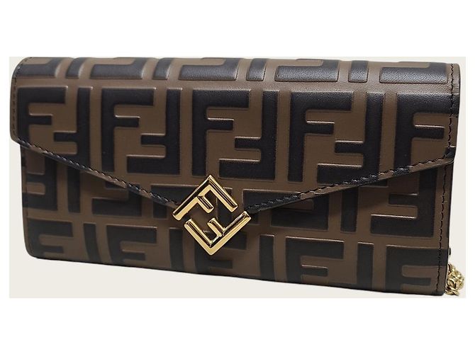 Fendi Portafoglio lungo FF Diamond Chain in pelle marrone e nera - vista 2