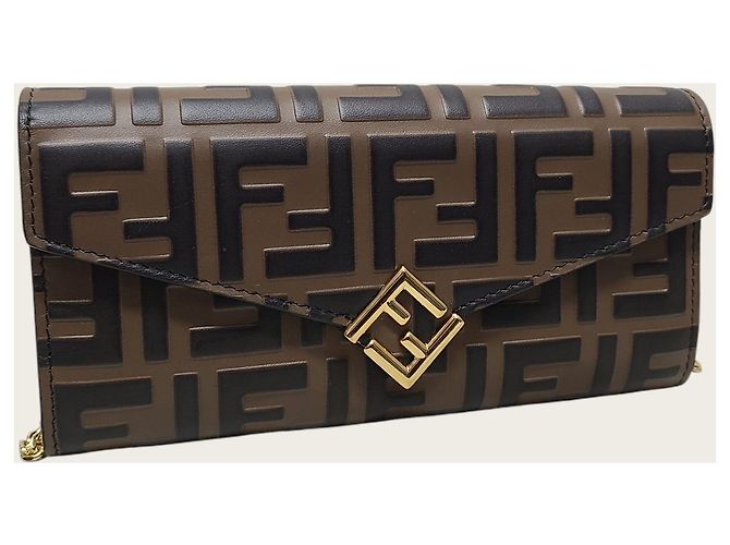 Fendi Portafoglio lungo FF Diamond Chain in pelle marrone e nera - vista 3