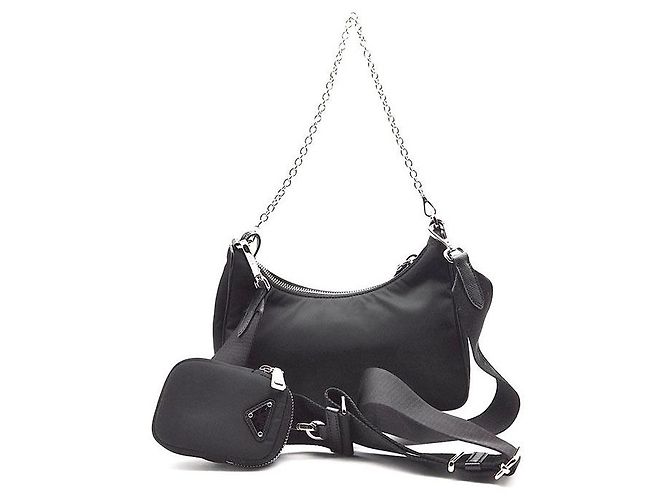Prada Borsa Hobo in tessuto Re-Nylon con tracolla a catena Nero - vista 3