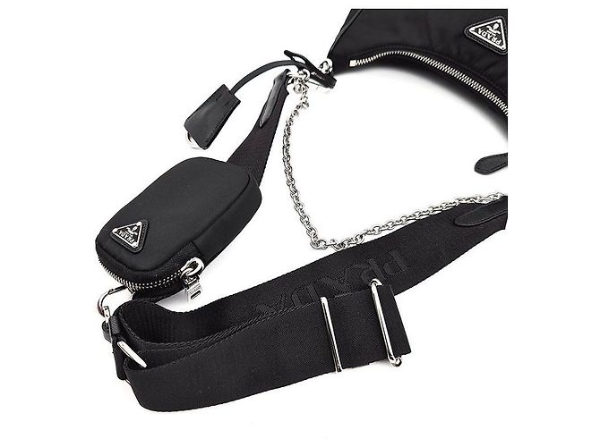 Prada Borsa Hobo in tessuto Re-Nylon con tracolla a catena Nero - vista 5