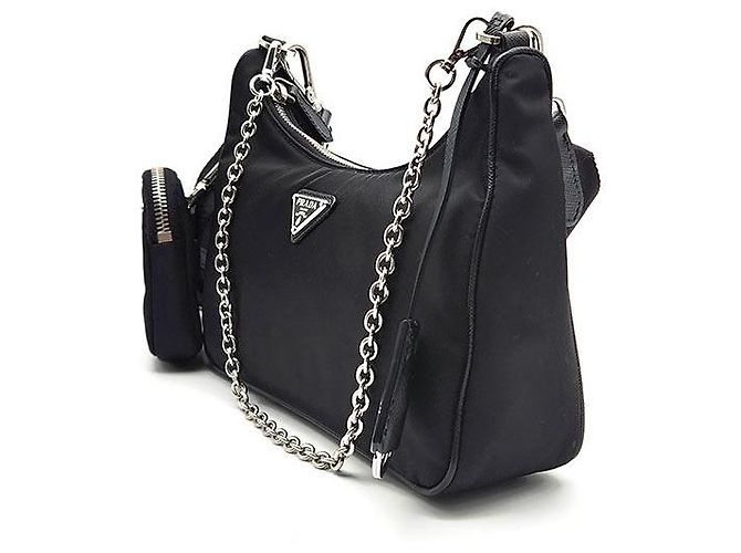 Prada Borsa Hobo Re-edition con tracolla a catena in nylon Nero - vista 2