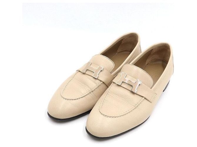 Hermès Mocassini da donna in pelle beige con logo Paris Marrone - vista 3