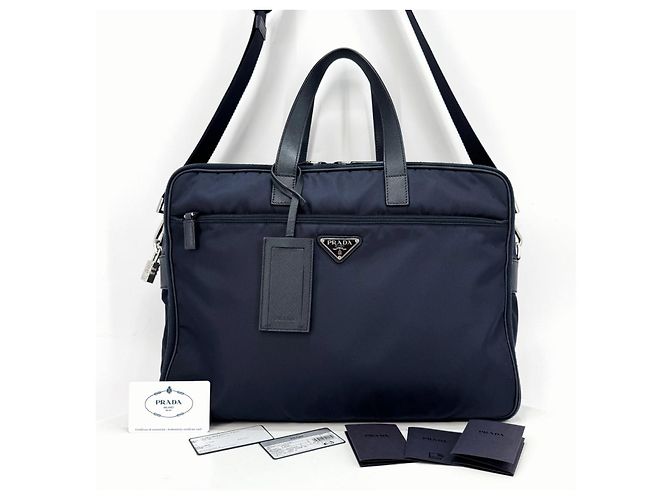 Prada Sac porte-documents cabas en nylon Saffiano Navy Bleu - vue 2