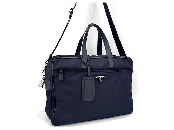 Prada Sac porte-documents cabas en nylon Saffiano Navy Bleu - vue 3