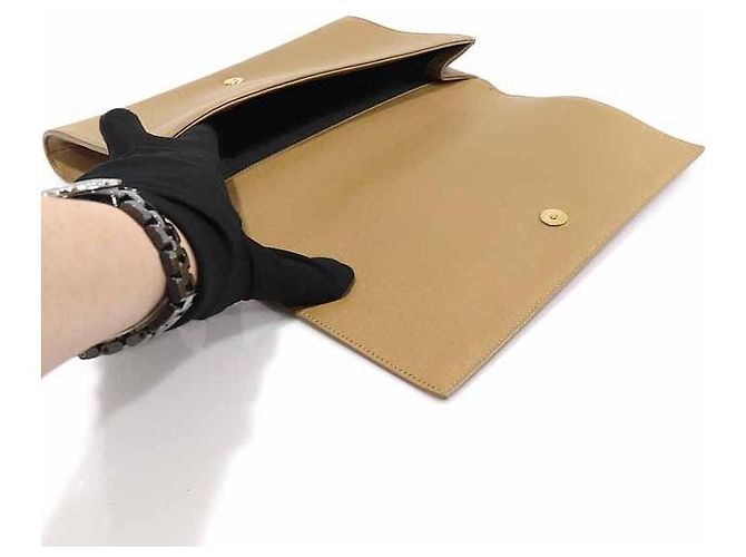 Saint Laurent Clutch Beldujour Monogram in pelle beige Marrone - vista 4