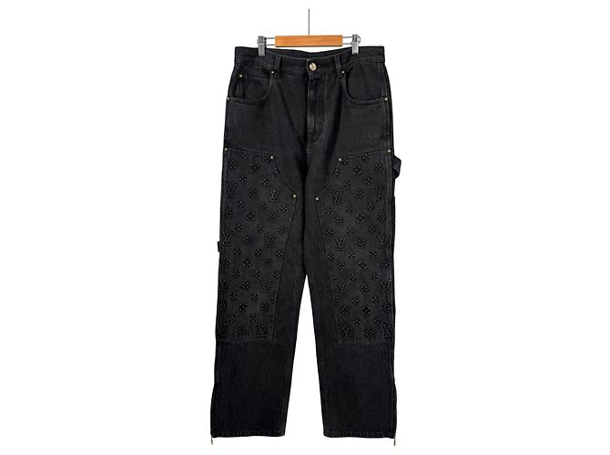 Louis Vuitton Pantaloni Carpenter in Denim Monogram Double Knee Neri Nero - vista 4