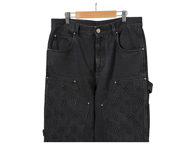 Louis Vuitton Pantaloni Carpenter in Denim Monogram Double Knee Neri Nero - vista 6