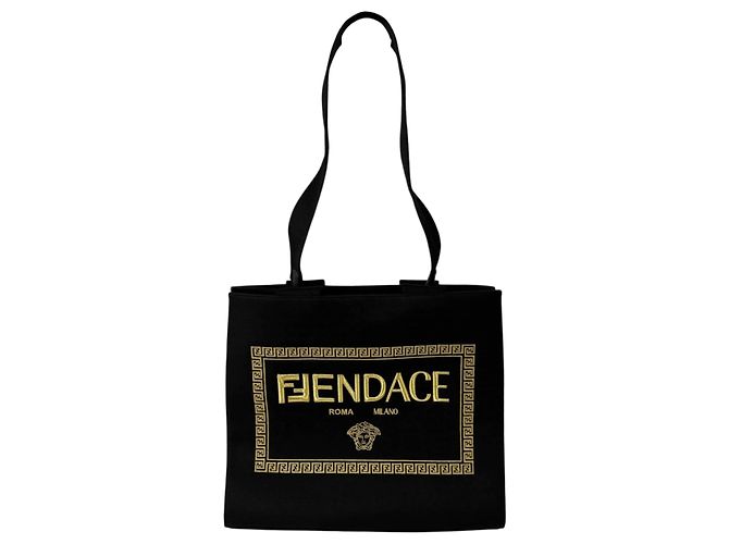 Fendi Borsa tote in cotone, borsa a tracolla, Black, Large Nero - vista 8