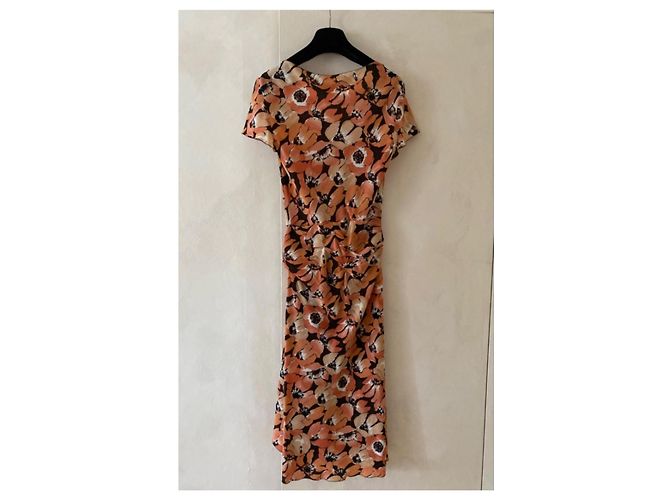 Prada Midi-Kleid mit Blumenprint und Rüschendetails Braun Schwarz Weiß Orange - Ansicht 2