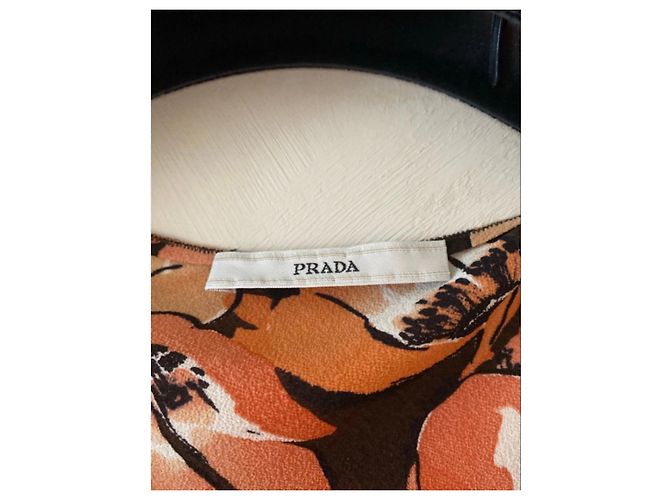 Prada Midi-Kleid mit Blumenprint und Rüschendetails Braun Schwarz Weiß Orange - Ansicht 3