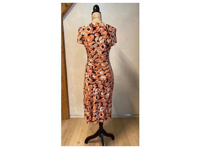 Prada Midi-Kleid mit Blumenprint und Rüschendetails Braun Schwarz Weiß Orange - Ansicht 6