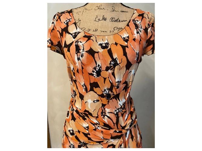 Prada Midi-Kleid mit Blumenprint und Rüschendetails Braun Schwarz Weiß Orange - Ansicht 7