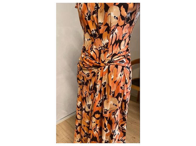 Prada Midi-Kleid mit Blumenprint und Rüschendetails Braun Schwarz Weiß Orange - Ansicht 8