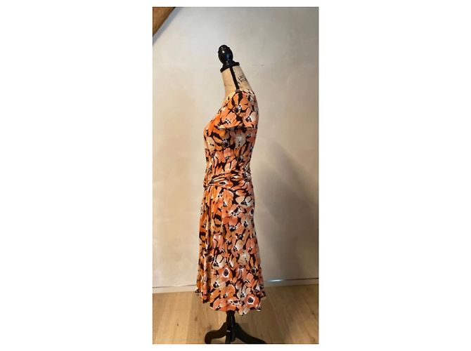 Prada Midi-Kleid mit Blumenprint und Rüschendetails Braun Schwarz Weiß Orange - Ansicht 9