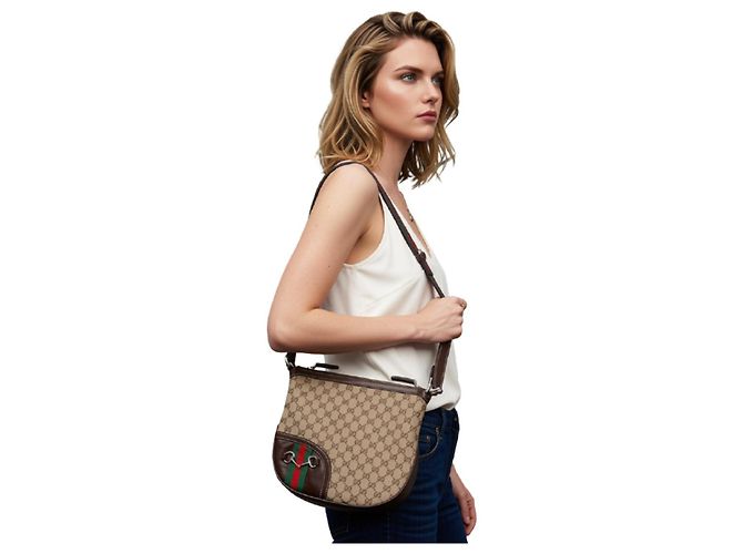 Bolso de hombro de lona con monograma Gucci Castaño Roja Beige Verde - vista 2