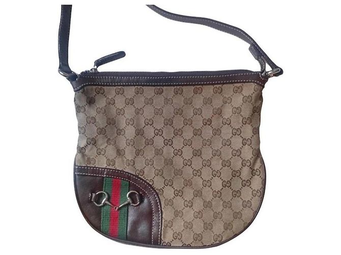 Bolso de hombro de lona con monograma Gucci Castaño Roja Beige Verde - vista 4