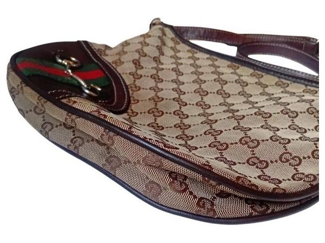 Bolso de hombro de lona con monograma Gucci Castaño Roja Beige Verde - vista 7