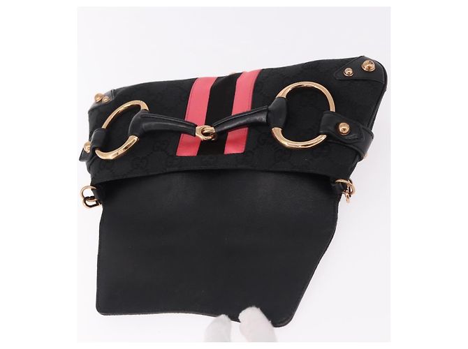 Borsa GUCCI GG Canvas Bamboo Chain Horsebit Nera Oro 129497 Auth yk20630SAM Nero D'oro - vista 10