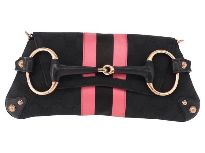 Borsa GUCCI GG Canvas Bamboo Chain Horsebit Nera Oro 129497 Auth yk20630SAM Nero D'oro - vista 13