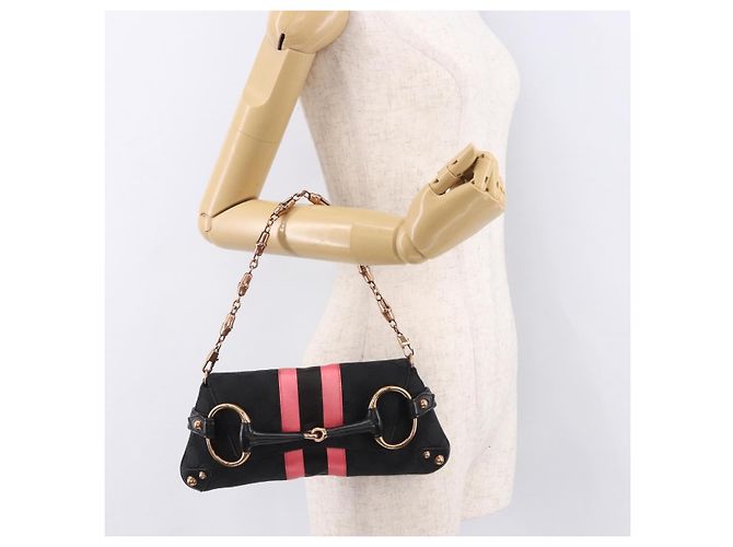 Borsa GUCCI GG Canvas Bamboo Chain Horsebit Nera Oro 129497 Auth yk20630SAM Nero D'oro - vista 23