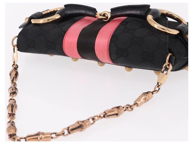 Borsa GUCCI GG Canvas Bamboo Chain Horsebit Nera Oro 129497 Auth yk20630SAM Nero D'oro - vista 7