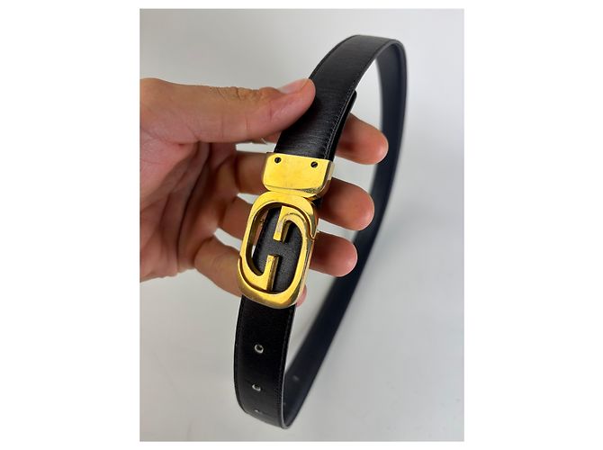 Vintage Gucci GG Logo Ledergürtel Schwarz Gold - Ansicht 2
