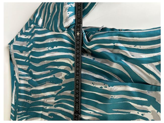 Abito a righe in seta vintage Loewe verde ottanio e argento M Blu - vista 11