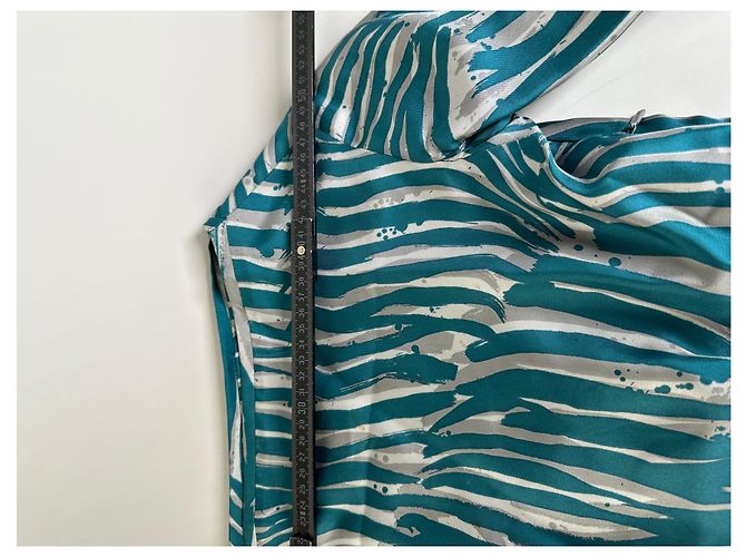 Abito a righe in seta vintage Loewe verde ottanio e argento M Blu - vista 13