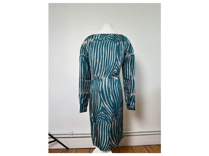 Abito a righe in seta vintage Loewe verde ottanio e argento M Blu - vista 14