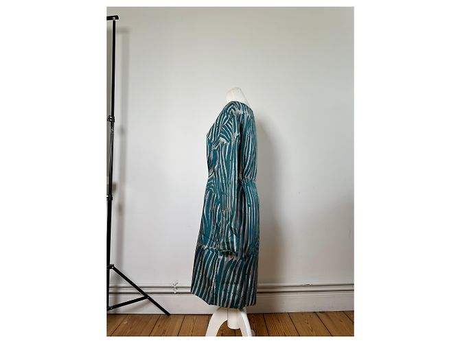 Abito a righe in seta vintage Loewe verde ottanio e argento M Blu - vista 2