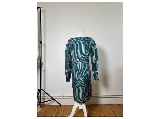 Abito a righe in seta vintage Loewe verde ottanio e argento M Blu - vista 3