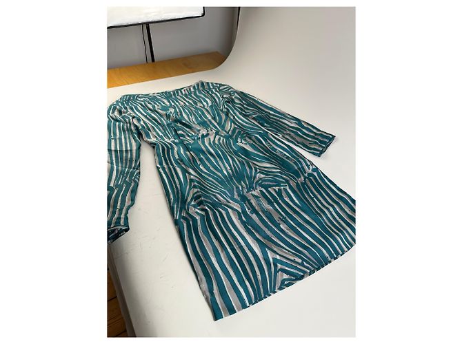 Abito a righe in seta vintage Loewe verde ottanio e argento M Blu - vista 4