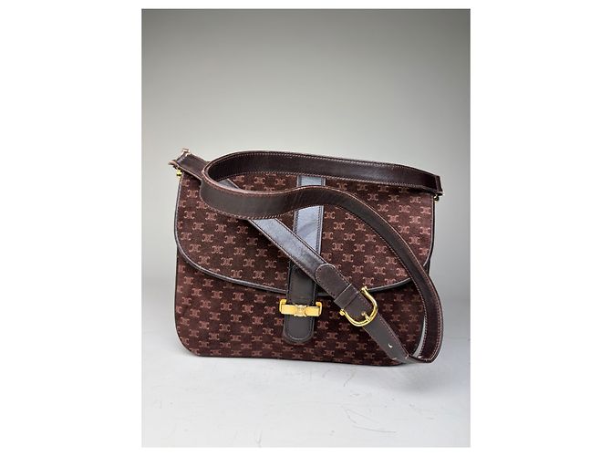 Céline Vintage Celine Monogram Canvas Schultertasche Braun Gold - Ansicht 13