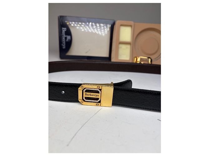 Vintage Burberry Leather Logo Belt Black Brown Gold - view 11