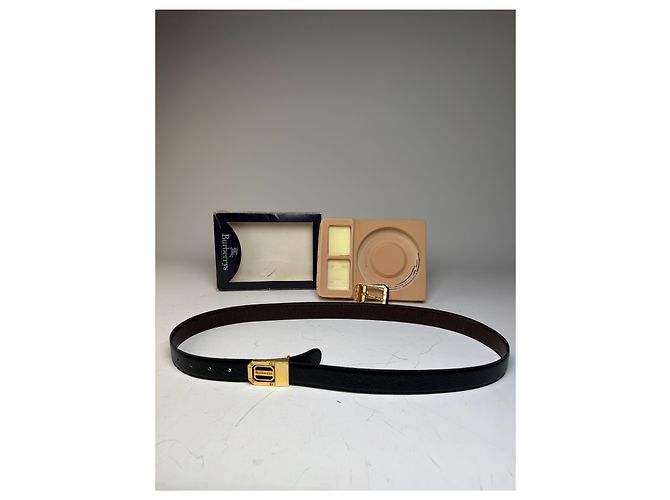 Vintage Burberry Leather Logo Belt Black Brown Gold - view 13