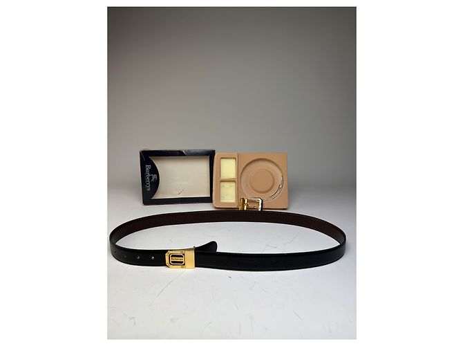 Vintage Burberry Leather Logo Belt Black Brown Gold - view 15
