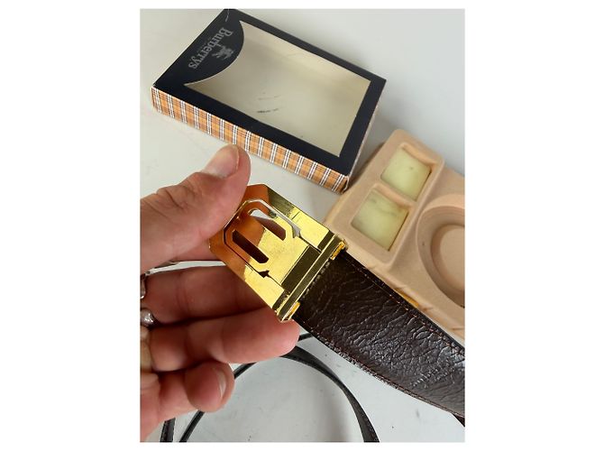 Vintage Burberry Leather Logo Belt Black Brown Gold - view 6