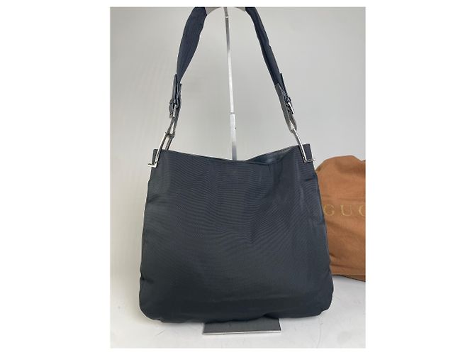 Vintage Gucci Nylon Schultertasche Schwarz Silber - Ansicht 14
