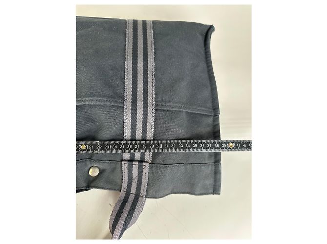 Hermès Vintage Hermes Canvas Tote Bag Schwarz Grau Gestreift - Ansicht 10